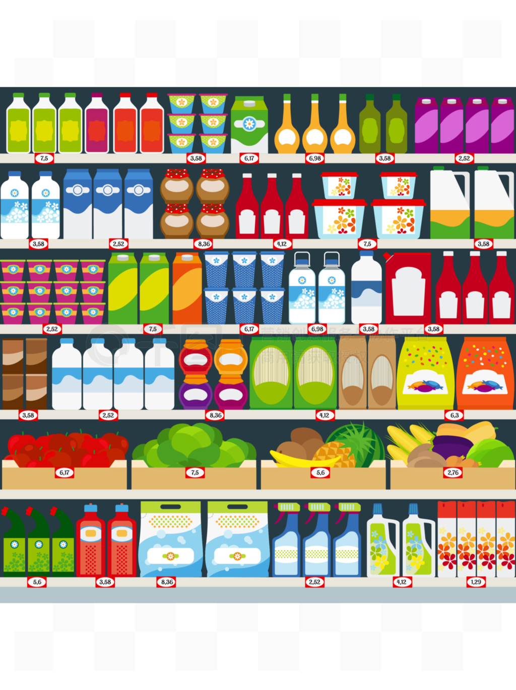 智慧陳列 乳制品、水果與日用化學品貨架布局的向量化例證